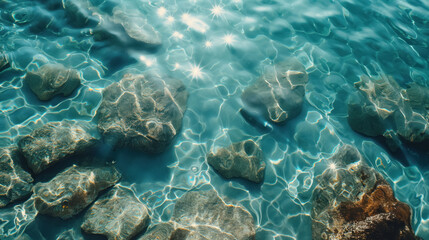 Fototapeta premium shimmering sun glares on shallow aqua sea water, top view, see rocks through