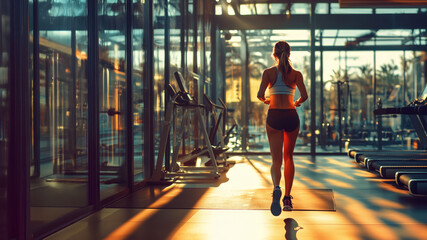 Woman jogging in a sunlit gym filled with modern equipment, highlighting her fitness routine and the warm morning ambiance.