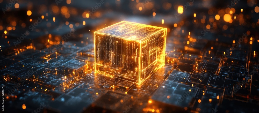 Aufkleber Abstract technology background featuring a golden digital box shape illuminated with light representing science and technology concepts 3D rendering