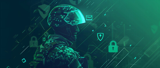 Soldier with Cybersecurity Interface for Military Technology and Data Protection

