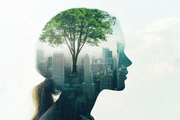 Cityscape and Tree Growing Within the Silhouette of a Woman's Head