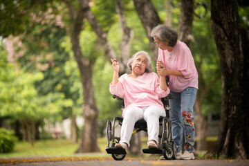 Fototapeta premium Two elderly women, one standing and one sitting in a wheelchair take person who have sick from autism enjoying time together in a park, surrounded by green trees and a serene environment.