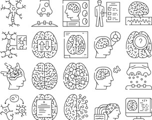 neuroscience brain doctor medical icons set vector. research computer, technology science, neurosurgery sleep, health neurology, mind neuroscience brain doctor medical black contour illustrations