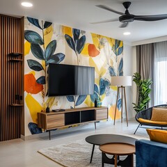 Sophisticated Living Room: Abstract Wallpaper, TV, and Sleek Modern Decor