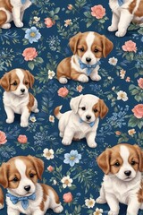 A blue and pink floral patterned background with a group of small brown