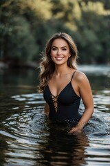 A woman is in the water wearing a black swimsuit