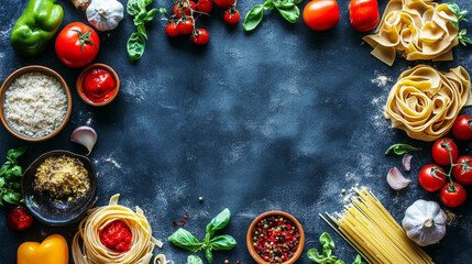 Eyecatching Top view of a wide range of pasta ingredients and copy space for text and advertisements 16:9, top view, top down view, flatlay, flat lay