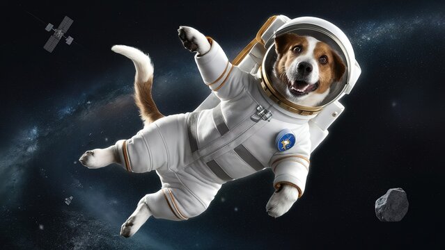 A dog in a space suit is flying through space