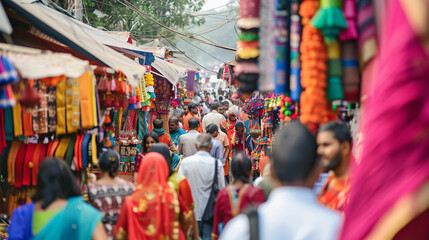 Naklejka premium A bustling city street market during a cultural festival, with colorful decorations, traditional attire, and festive activities.