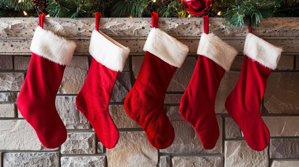 Beautiful red socks hanging by the fireplace for gifts	