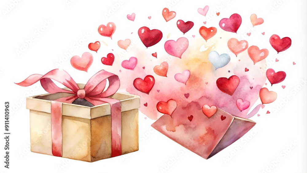 Wall mural A Symphony of Hearts: A Watercolor Gift Box Overflowing with Love  Generative AI