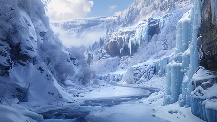 A winter trough valley blanketed in snow with a frozen river and icy cliffs