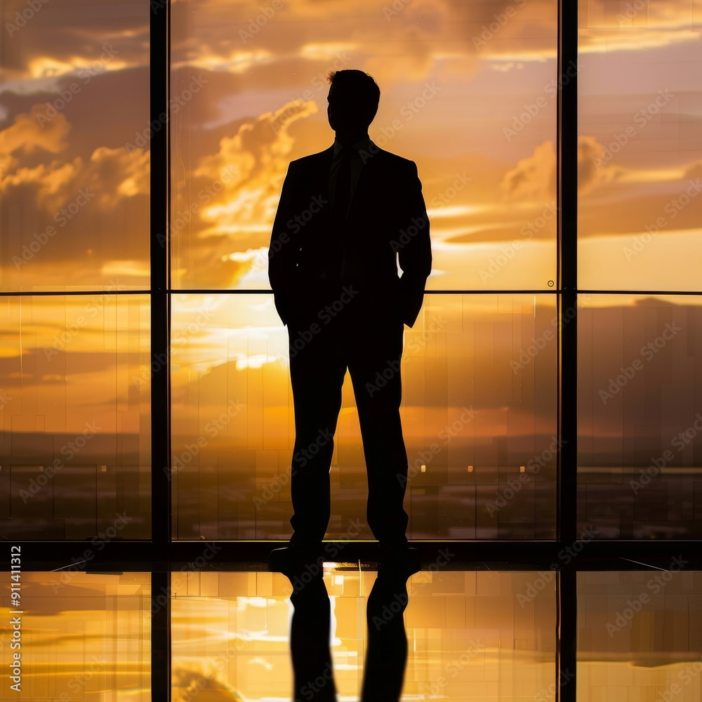 Poster Silhouette of Businessman Standing by Window Overlooking Cityscape