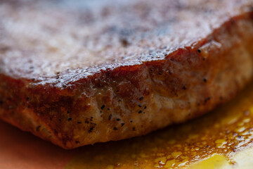 grilled pork steak close up