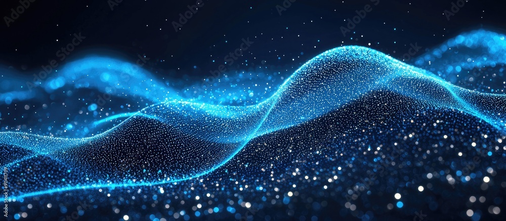Poster abstract blue wave technology background with digital particle flow and grunge texture for data visu
