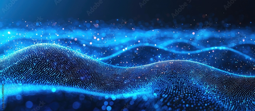 Poster abstract blue wave technology background with digital particle flow and grunge texture for data visu