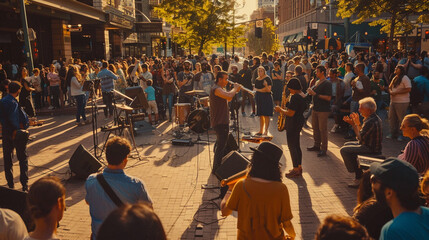 Fototapeta premium Żywiołowy występ uliczny z udziałem muzyków, tancerzy i tłumu cieszącego się rozrywką na miejskim placu.