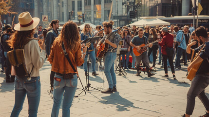 A lively street performance with musicians, dancers, and a crowd enjoying the entertainment in an urban square."