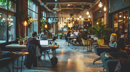 A modern coworking space with freelancers working on laptops, stylish decor, and a collaborative atmosphere."