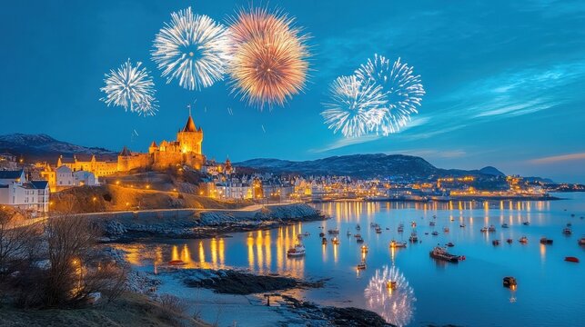 Fireworks above historic castle, night scene