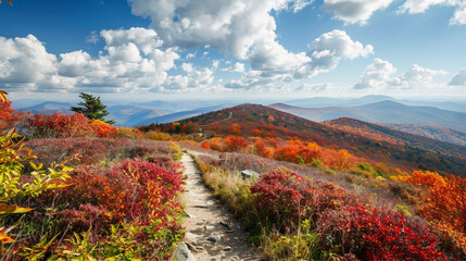 picturesque mountain landscape during autumn, with colorful foliage, a clear blue sky, and a winding hiking trail."