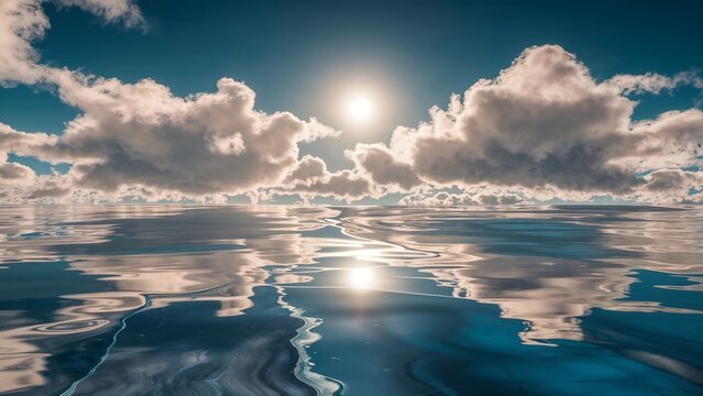 A calm blue sea reflecting a bright, clear sky filled with white clouds