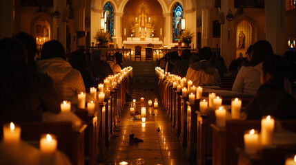 A serene All Saints' Day service, with a congregation gathered in a church, lighting candles,