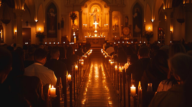 A serene All Saints' Day service, with a congregation gathered in a church, lighting candles,