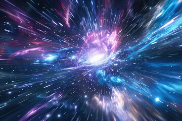 Naklejka premium Cosmic Journey: A dynamic scene of traveling through the cosmos at light speed, featuring streaks of light and vibrant colors that create a sense of high-velocity motion.