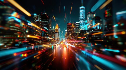 Fototapeta premium Abstract city lights and streaks in a futuristic cityscape at night.