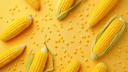 Corn cobs arranged on a vibrant yellow background