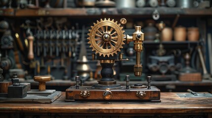 Antique Brass Gear Machine on Wooden Table