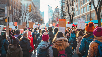 A vibrant International Women's Day rally, with people marching