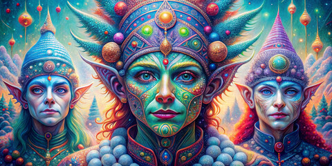 Fototapeta premium Three mystical beings with elaborate headgear and vibrant face paint are depicted in a fantastical, otherworldly setting. The central figure features intricate patterns and bright colors.AI generated.