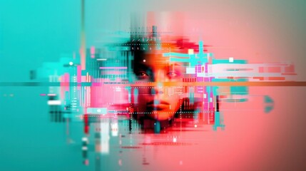 Abstract digital portrait with glitch effect, showcasing a woman's face distorted and fragmented.