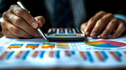 Fototapeta premium Close-up of Hands Reviewing Investment Documents with Calculator