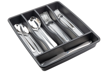 Kitchen drawer organizer for forks, knives, spoons. Classic large silverware plastic tray 5 compartments. Kitchen drawer organizer soft grip lining and non-slip rubber feet. Object photography 