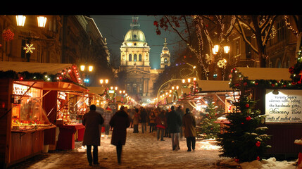 "Vörösmarty Square adorned with festive lights, stalls selling handmade gifts, the scent of mulled wine and chimney cakes."