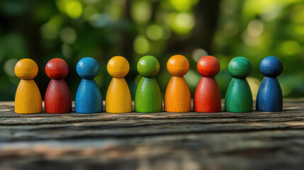 Naklejka premium Wooden employees as colorful wooden figures in a line with natural green bokeh background