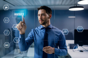 Professional Man Using Touchscreen Interface for Financial Transactions in a Modern Office Setting