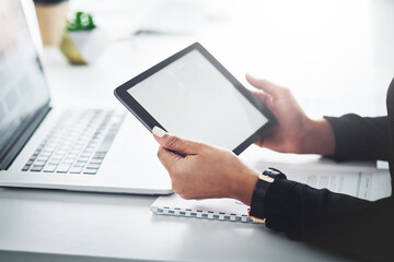 Blank screen, tablet and hands with online, ux design and creative web project at office. Mockup, person and mobile app developer with digital research, technology and social media display update