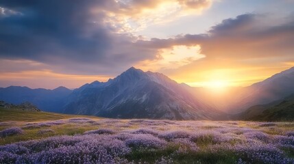 Naklejka premium Golden sunset over a field of purple wildflowers in front of majestic mountains.
