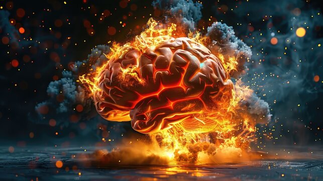 Concept art of a human brain exploding with knowledge and creativity