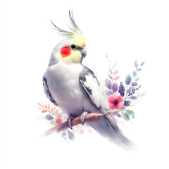Obraz premium 흰 배경, 왕관앵무, 수채화 (white background, Cockatiel, water colour)