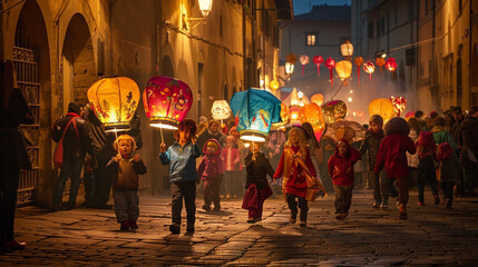 Children carrying colorful paper lanterns through the streets, traditional music and festivities, a warm and enchanting evening.