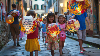 Children carrying colorful paper lanterns through the streets, traditional music and festivities, a warm and enchanting evening.