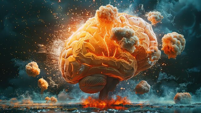 Concept art of a human brain exploding with knowledge and creativity