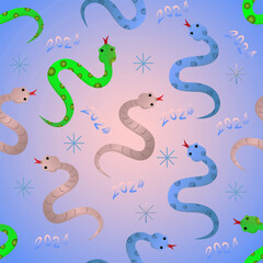 Seamless pattern with cute different snakes. Vector illustration in simple modern style, Bright animal pattern, Cheerful background with reptiles, Exotic print of jungle snakes, Children's cartoon orn