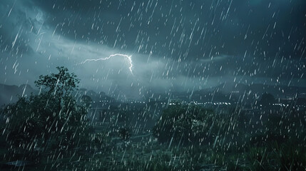 Rainstorm weather, strong storm accompanied by lightning and thunder, dark clouds in the sky, rain poured down
