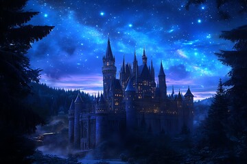Fototapeta premium Enchanting Castle Amidst Starry Night Sky and Lush Forests